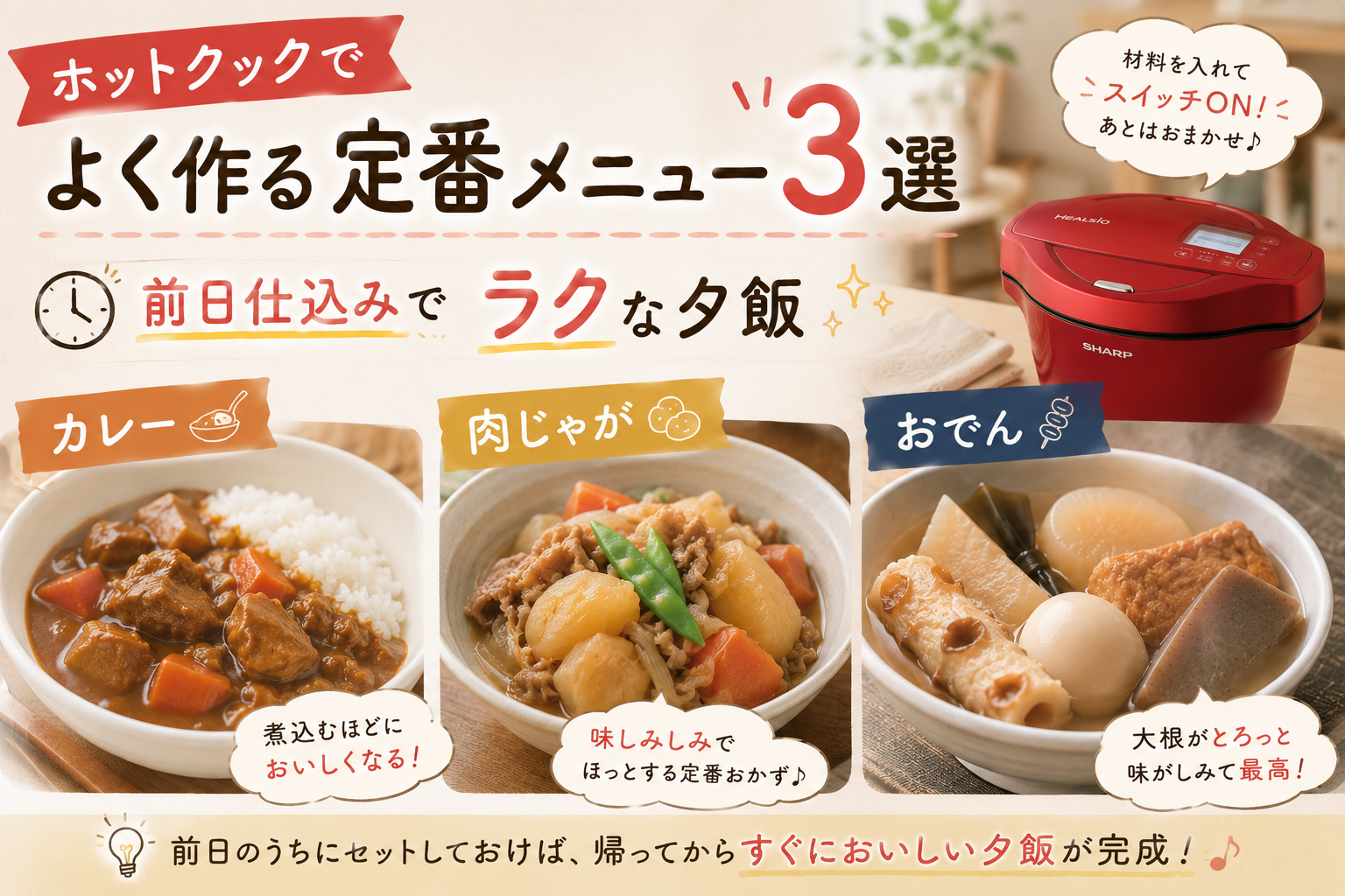 ホットクックでよく作る定番メニューとして、カレー、肉じゃが、おでんの3品を紹介。前日に材料を仕込んでホットクックにセットしておくことで、夕方の調理をラクにしている様子を紹介するアイキャッチ画像