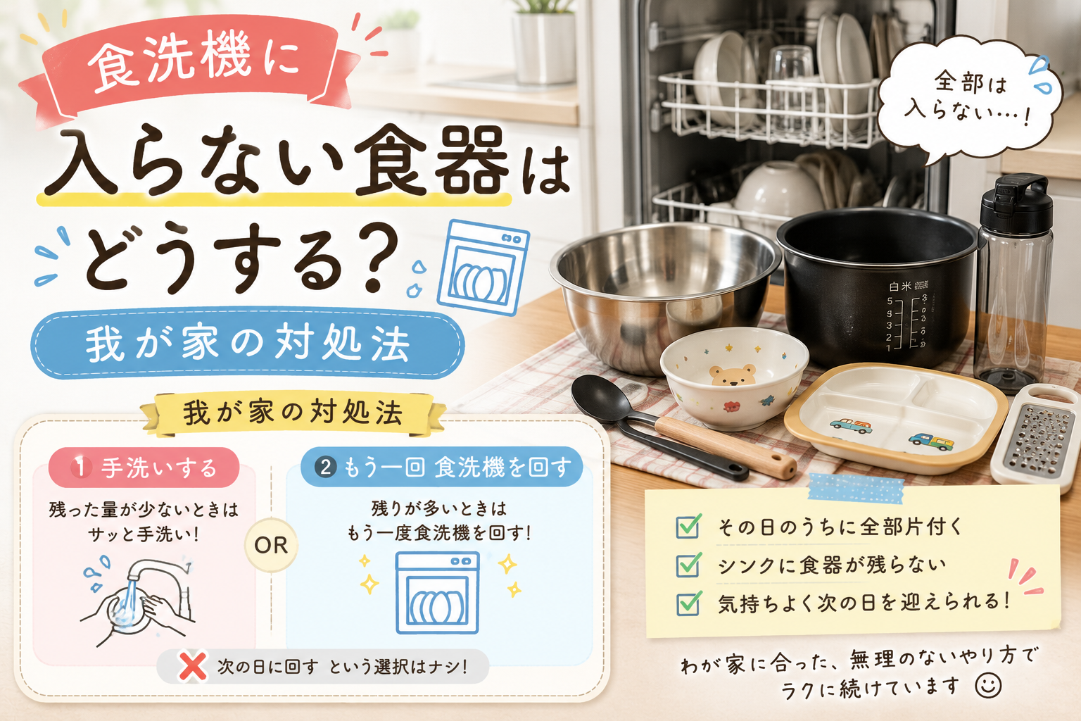 食洗機に入らない食器は、残った量が少なければ手洗い、多ければ食洗機をもう一度回し、翌日に持ち越さずその日のうちに片付けるわが家の対処法を紹介するアイキャッチ画像