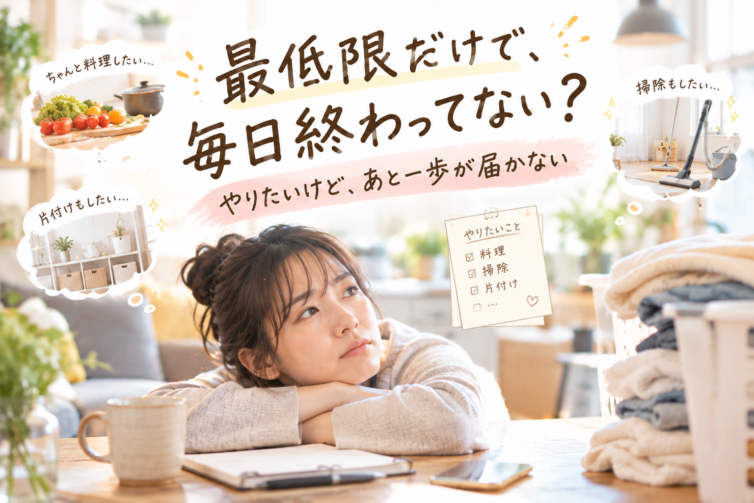 やりたい家事を思い浮かべながらも、最低限の家事だけで一日が終わってしまう女性の様子を描いた、家事と時間の余裕のなさを表現したアイキャッチ画像
