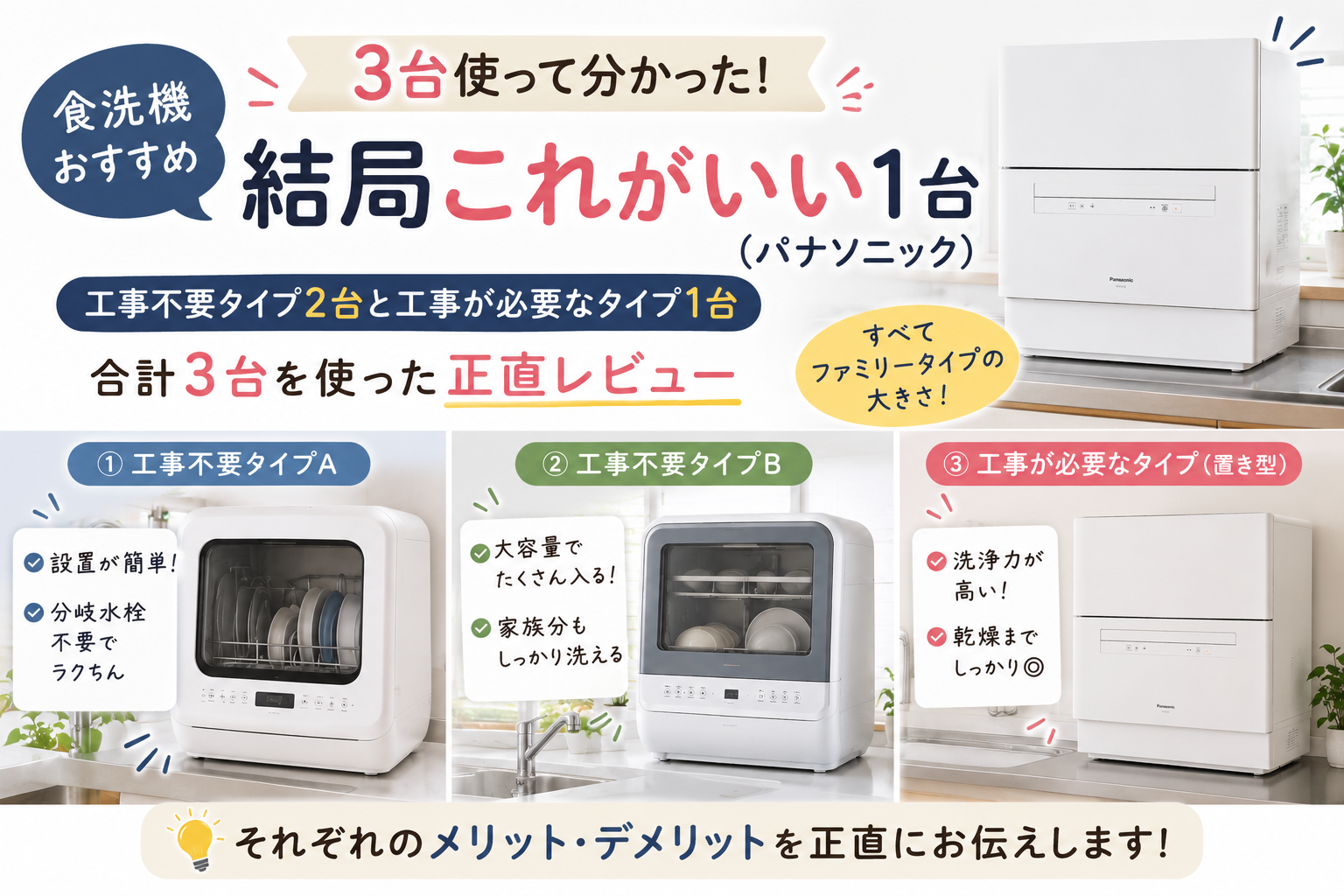 工事不要タイプ2台と工事が必要な置き型タイプ1台、合計3台のファミリー向け食洗機を実際に使った経験から、それぞれのメリット・デメリットと最終的におすすめだと感じた1台を紹介するアイキャッチ画像
