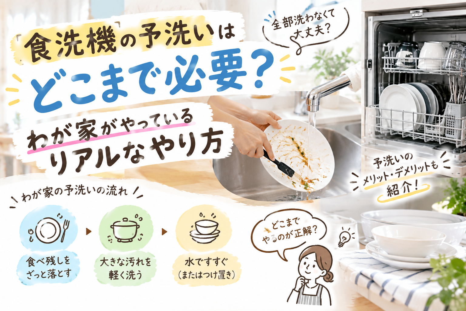 食洗機の予洗いはどこまでやる？食べ残しや大きな汚れを落としてから食洗機に入れる、わが家のリアルなやり方を紹介するアイキャッチ画像