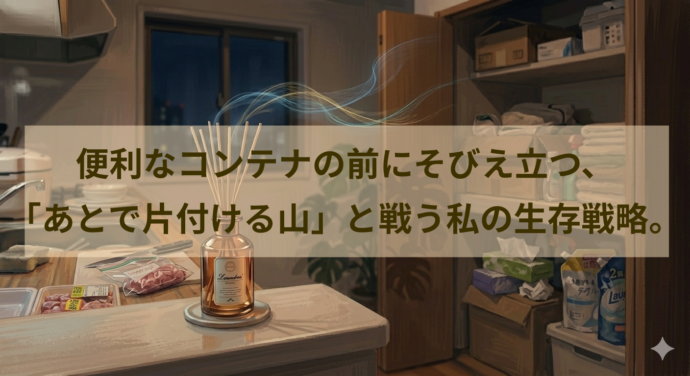 便利なコンテナの前にそびえ立つ「仮置きの山」。名もなき家事に削られる私を救う、お買い得なランドリンの香り
