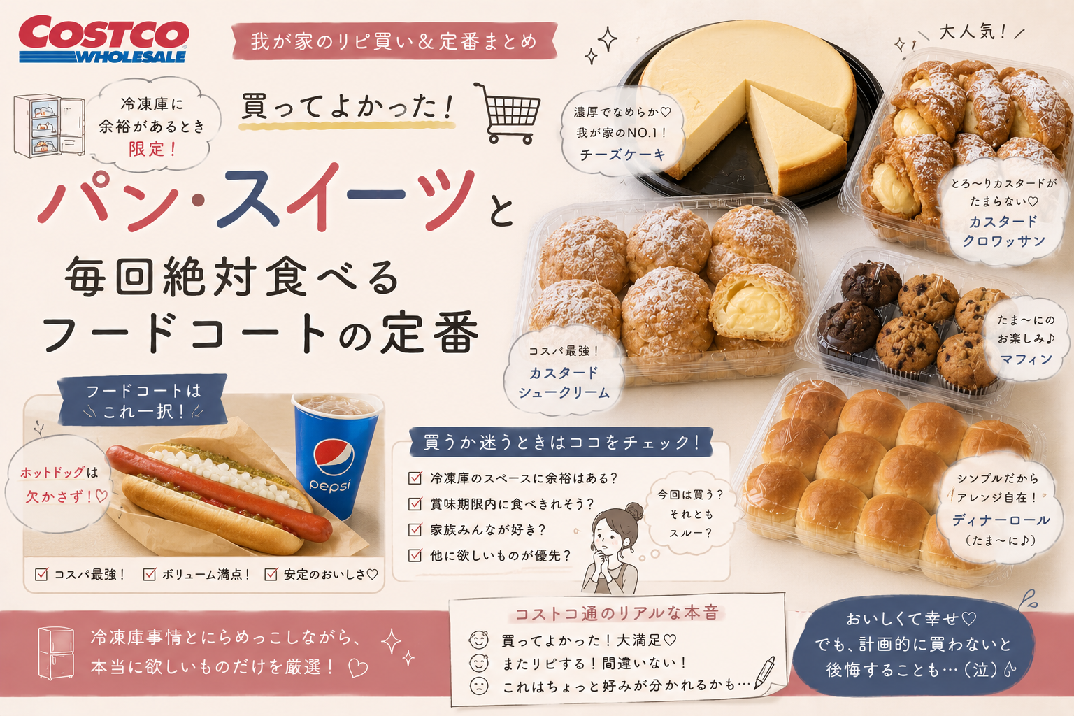 「冷凍庫に余裕があるときだけ！」そんなルールで楽しんでいる、コストコのパン・スイーツ事情を描いたアイキャッチ画像