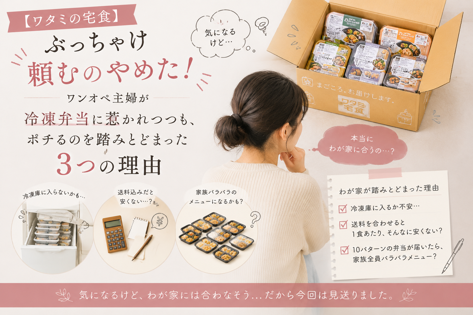 冷凍弁当に惹かれながらも、「わが家には合わないかも」と購入を踏みとどまったリアルを描いたアイキャッチ画像