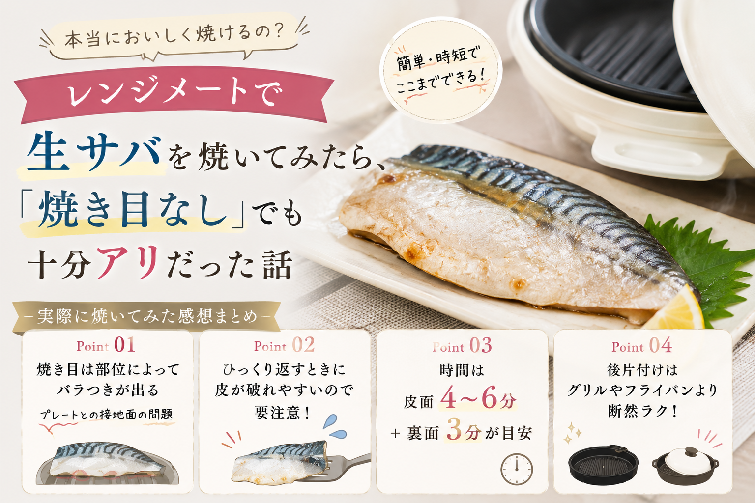 レンジメートで生サバを焼いたレビュー記事のアイキャッチ画像。焼き目や調理時間、後片付けのラクさなどリアルな感想を紹介