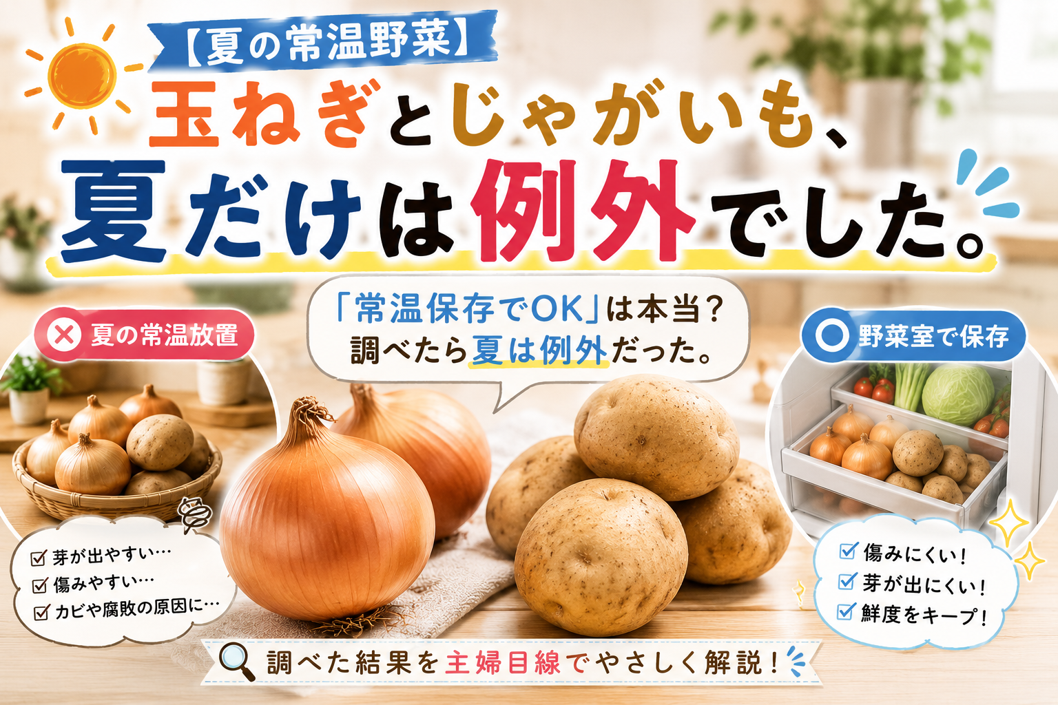玉ねぎとじゃがいもの保存方法について、夏場の常温保存と冷蔵保存の違いを紹介するアイキャッチ画像