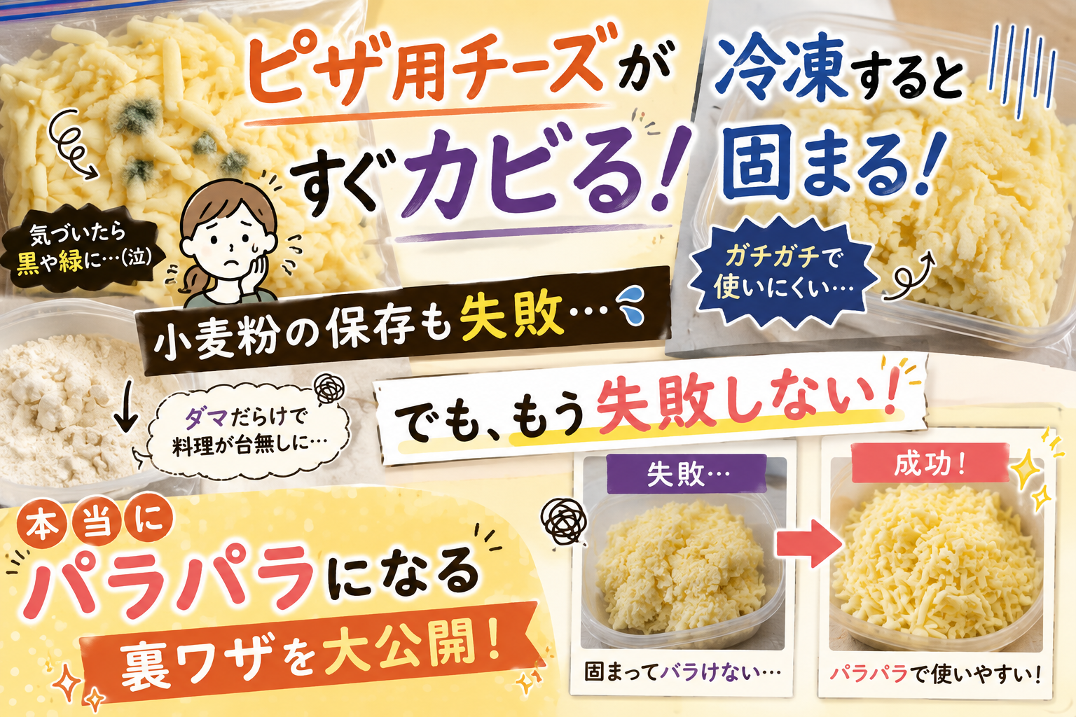 ピザ用チーズが冷蔵保存ですぐカビたり、冷凍すると固まって使いにくくなったりした失敗談と、小麦粉の保存でも失敗した経験をもとに、ピザ用チーズをパラパラに保存する方法を紹介するアイキャッチ画像