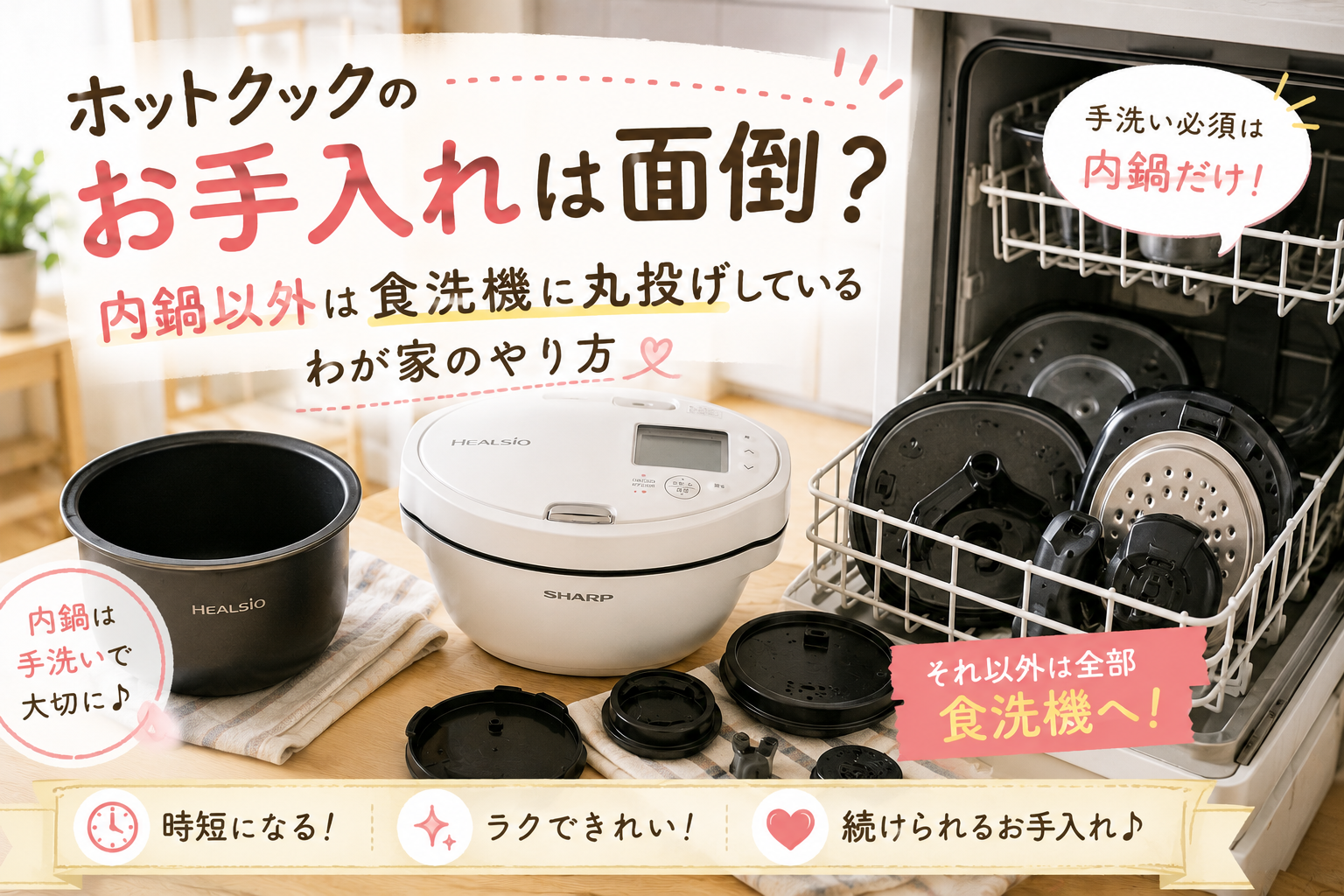 ホットクックを毎日使うわが家が、内鍋だけは手洗いし、それ以外のパーツは食洗機に任せて無理なくお手入れを続けている方法を紹介するアイキャッチ画像
