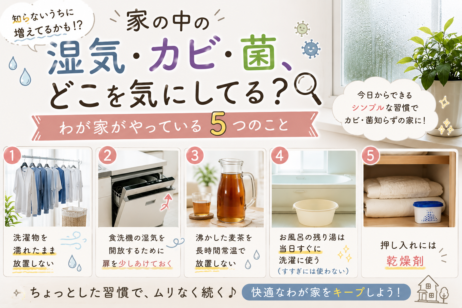 家の中の湿気・カビ・菌を気にして、洗濯物を濡れたまま放置しない、食洗機の扉を少し開けて湿気を逃がす、沸かした麦茶を長時間常温で放置しない、お風呂の残り湯を当日すぐ洗濯に使う、押し入れに乾燥剤を置くという、わが家で実践している5つの習慣を紹介するアイキャッチ画像